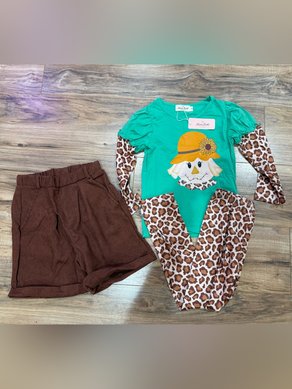 Marie Nicole Girls Teal Top with Leopard Print Leggings and Brown Shorts